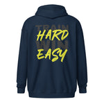 Train Hard Win Easy | Front and Back Printed Sports Zip Hoodie for Men