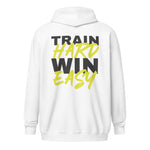 Train Hard Win Easy | Front and Back Printed Sports Zip Hoodie for Men